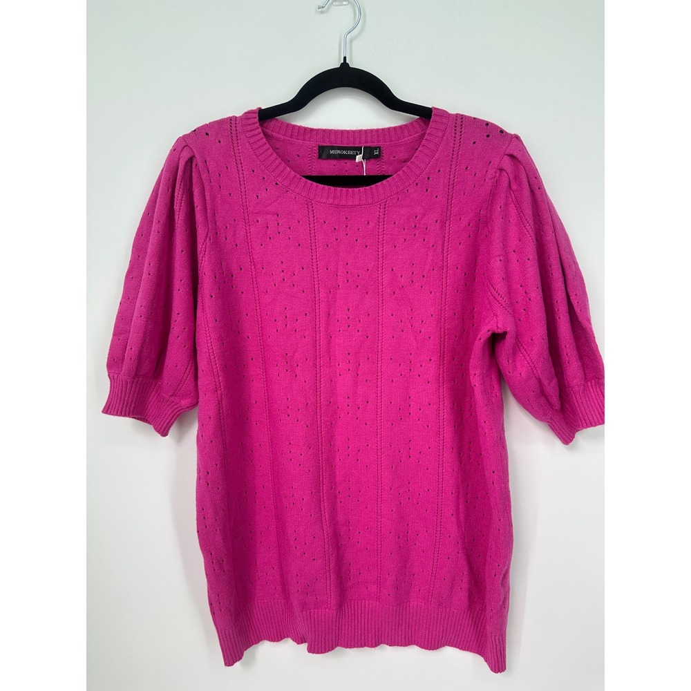 Merokeety Hot Pink Pointelle Puff Short Sleeve Sweater XL Cable Knit  NWT 0398